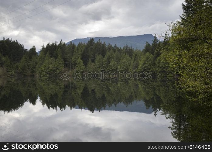 Reflection of trees in calm lake against cloudy sky, West Vancouver, British Columbia, Canada