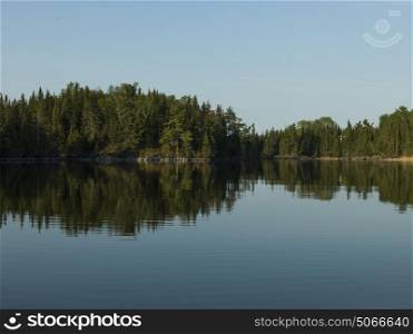 Reflection of trees on water, Kenora, Lake of The Woods, Ontario, Canada