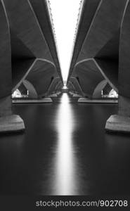 Reflection under Esplanade Bridge in structure of architecture concept, urban city, Singapore Downtown area. Monochrome image.