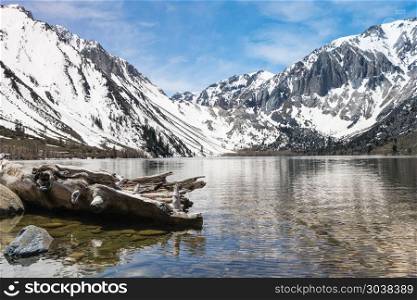 Reflections in Convict Lake in Sierra Nevadas California. Reflection of snow covered mountains in picturesque Convict Lake in Sierra Nevada California. Reflections in Convict Lake in Sierra Nevadas California