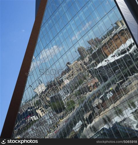 Reflections on modern glass building, U.S. Bank Stadium, Minneapolis, Hennepin County, Minnesota, USA