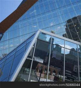 Reflections on modern glass building, U.S. Bank Stadium, Minneapolis, Hennepin County, Minnesota, USA