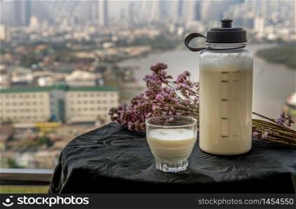 Refreshing and enjoy with a cup of homemade Soy milk in the morning. Healthy drink, Alternative milk concept. Selective focus, Copy space.