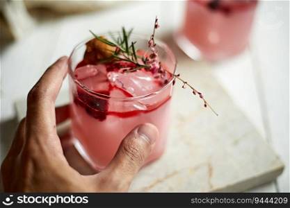 Refreshing cold summer drink,Pink Rose cocktail or mocktail, selective focus. Refreshing cold summer drink,Pink Rose cocktail or mocktail