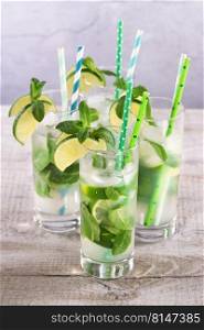      Refreshing infused water with cucumber, mint and lime. Summer drink cocktail lemonade. Healthy drink and detox concept