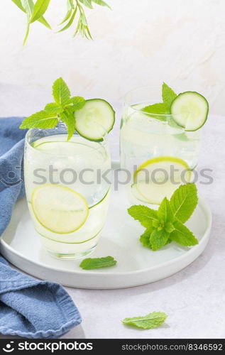 Refreshing infused water with cucumber, mint and lime. Summer drink cocktail lemonade. Healthy drink and detox concept