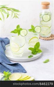 Refreshing infused water with cucumber, mint and lime. Summer drink cocktail lemonade. Healthy drink and detox concept