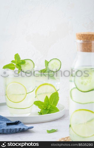 Refreshing infused water with cucumber, mint and lime. Summer drink cocktail lemonade. Healthy drink and detox concept