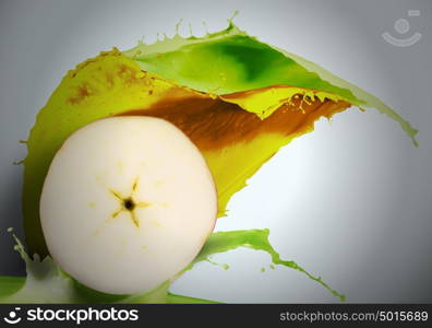 Refreshing juice. Half of fresh orange and apple on white background