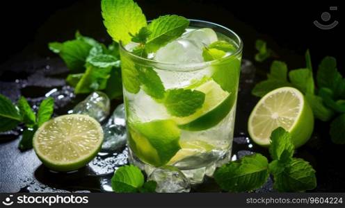 Refreshing mojito with lime, mint and ice in a glass.