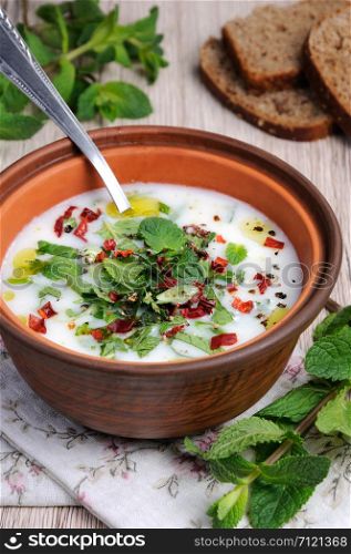 Refreshing ?old summer soup the rice, mint and yoghurt, spices.