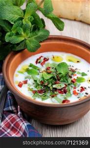 Refreshing ?old summer soup the rice, mint and yoghurt, spices.