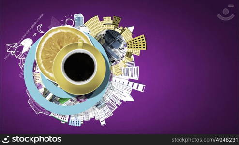 Refreshment break. Top view of cup of coffee on color background