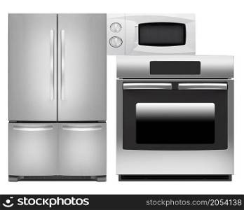 Refrigerator, oven and microwave oven isolated on white. Refrigerator, oven and microwave oven
