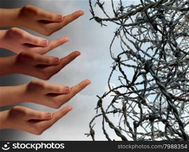 Refugee crisis concept as a group of hands from refugees in distress reaching with open hands asking for help faced with barbed wire fence keeping the suffering people out as a global social issue symbol.