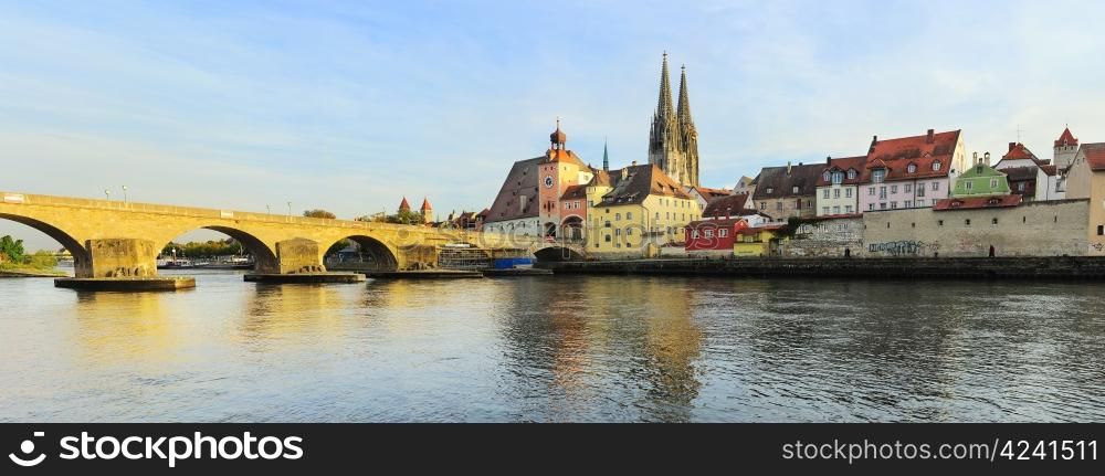 Regensburg at sunset, Germany. Medieval city center is UNESCO World Heritage Site