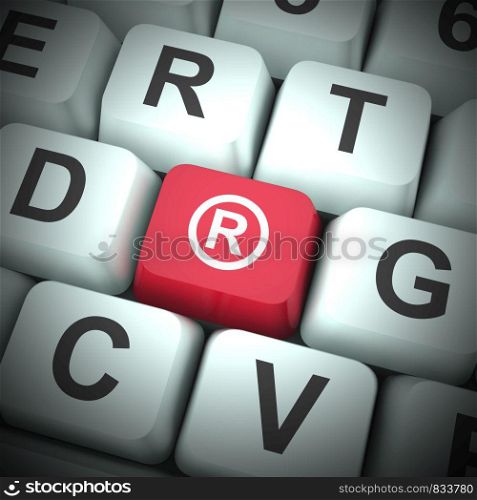 Registered concept icon means copyrighted or trademarked products. Has authors rights under the copyright act - 3d illustration. Registered Computer Blue Key Showing Patent Or Trademark