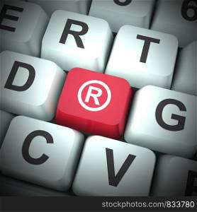 Registered concept icon means copyrighted or trademarked products. Has authors rights under the copyright act - 3d illustration. Registered Computer Blue Key Showing Patent Or Trademark