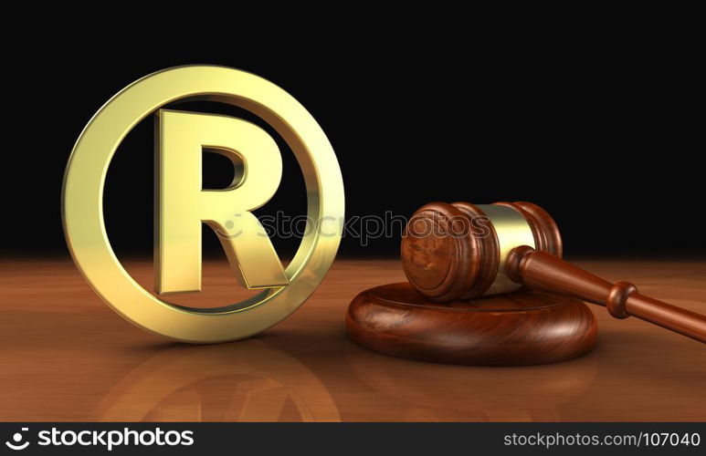 Registered trademark law business concept with golden trade mark symbol and gavel 3D illustration.