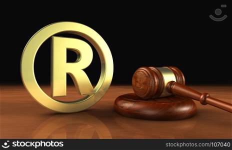 Registered trademark law business concept with golden trade mark symbol and gavel 3D illustration.