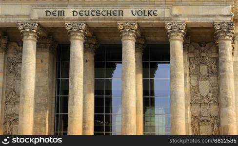 Reichstag building close-up, seat of the German Parliament (Deutscher Bundestag), in Berlin, Germany
