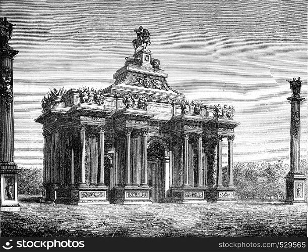 Reign of Louis XIV, Triumphal arch throne said, by Claude Perrault, vintage engraved illustration. Magasin Pittoresque 1847.