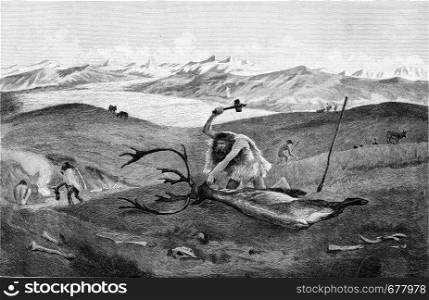 Reindeer hunt in a moraine landscape of Swabia above the last period of the ice age, vintage engraved illustration. From the Universe and Humanity, 1910.