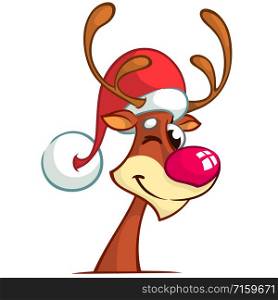 Reindeer red nose in santa claus hat. Vector illustration