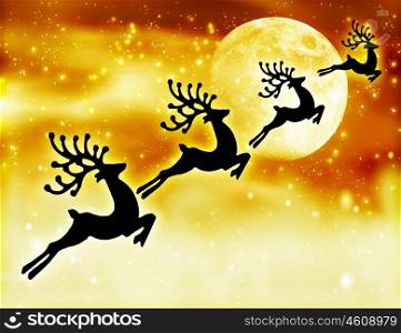 Reindeer silhouette at night sky, Santa's deers flying high up next to glowing stars background and moon, magic abstract fantasy, Christmastime winter holidays fairytale