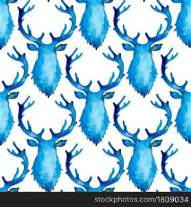 Reindeer XMAS watercolor Deer Stag eamless Pattern in Blue Color. Hand Painted Animal Moose background or wallpaper for Ornament, Wrapping or Christmas Gift.. Reindeer XMAS watercolor Deer Stag eamless Pattern in Blue Color. Hand Painted Animal Moose background or wallpaper for Ornament, Wrapping or Christmas Gift