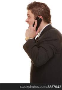 relationship difficulties. Angry man talking on mobile cell phone. Fury businessman screaming, negative facial expression isolated on white.