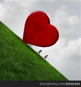 Relationship stress concept as a man and woman running away from a giant heart rolling down a hill as a dating or marriage symbol with 3D illustration elemema.