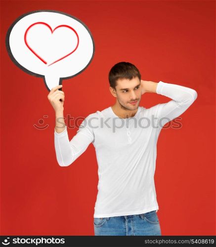 relationships and happiness concept - pensive man with text bubble and heart in it