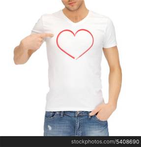 relationships concept - man in white t-shirt with heart
