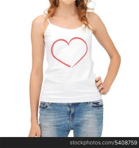 relationships concept - woman in white tank top with heart on it