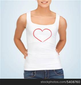 relationships concept - woman in white tank top with heart on it