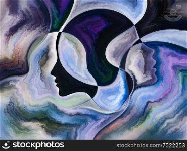 Relationships in Texture series. Abstract arrangement of people faces, colors, organic textures, flowing curves as backdrop for projects on inner world, love, relationships, soul and Nature