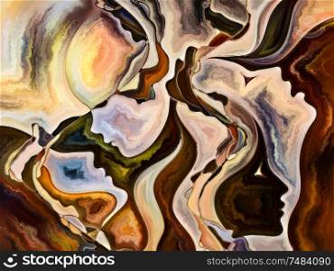 Relationships in Texture series. Background design of people faces, colors, organic textures, flowing curves on the subject of inner world, love, relationships, soul and Nature