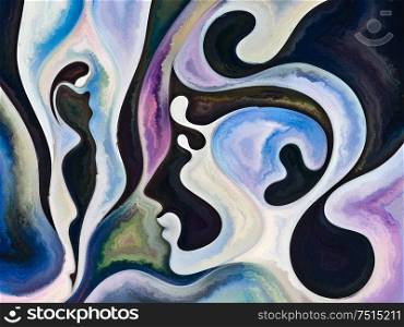 Relationships in Texture series. Background design of people faces, colors, organic textures, flowing curves on the subject of inner world, love, relationships, soul and Nature