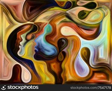 Relationships in Texture series. Composition of people faces, colors, organic textures, flowing curves on the subject of inner world, love, relationships, soul and Nature