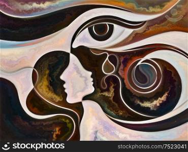 Relationships in Texture series. Creative arrangement of people faces, colors, organic textures, flowing curves for subject of inner world, love, relationships, soul and Nature