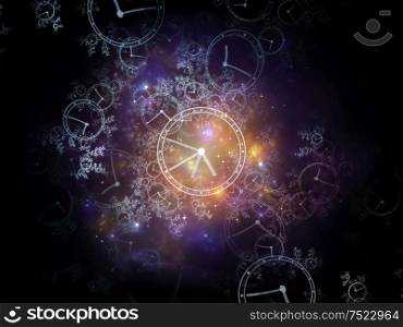 Relativity of Time. Faces of Time series. Composition of clock dials and abstract elements in association with science, education and modern technologies