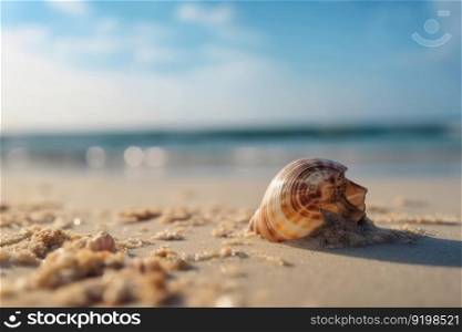 Relax and unwind with this stunning seashell on the sandy beach and the peaceful ocean as the backdrop, an ideal image for meditation and mindfulness. AI Generative.