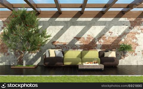 Relax in a retro garden. Garden with brown and green red pallet sofa on dark wooden floor,apple tree and old wall - 3d rendering