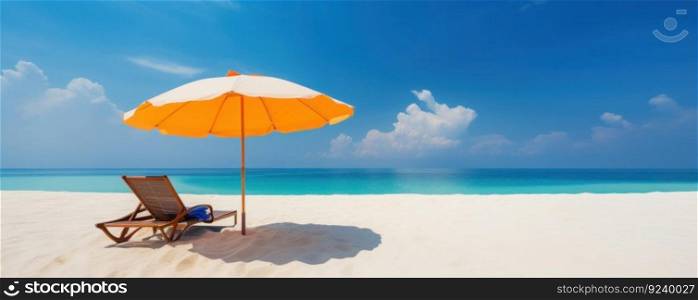 Relax in style on a beautiful white sand beach with beach chairs and an umbrella, set against a stunning blue sky and ocean. Perfect for vacation and resort concepts. AI Generative.