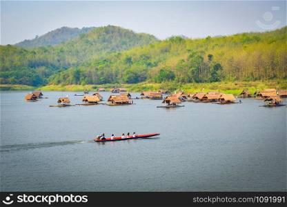 Relax travel river / Landscape of lake sky mountain and bamboo houseboat raft floating air fresh bright day at HuayKraTing landmark of Loei Thailand