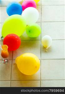 Relaxation carefree resort concept. Colorful balloons at hotel swimming pool