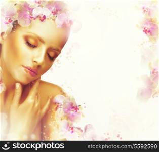 Relaxation. Dreamy Genuine Exquisite Woman with Flowers. Romantic Floral Background