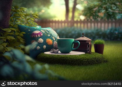 relaxation in garden on lawn with cup of coffee cozy backyard, created with generative ai. relaxation in garden on lawn with cup of coffee cozy backyard