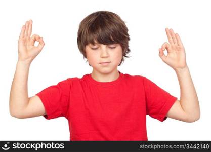 Relaxed child practicing yoga on a white background